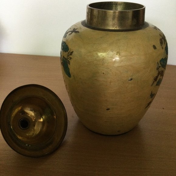 Vintage solid brass enameled jar Urn with lid 9.5" tall 5.5" wide flower heavy - Picture 3 of 8